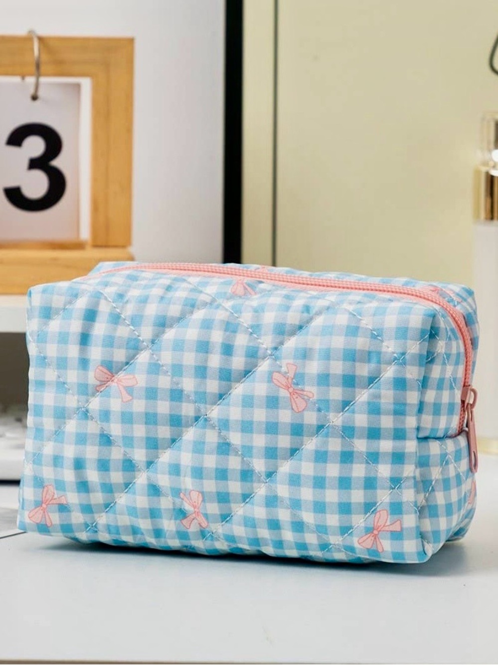 Quilted Blue Gingham Cosmetic Pouch with Pink Bow Accent